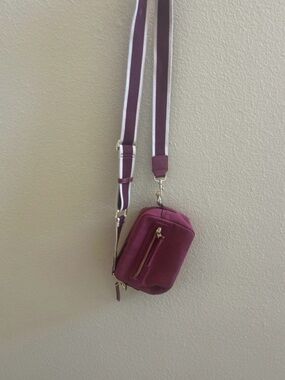 Compact Plum Crossbody Bag with Striped Adjustable Strap